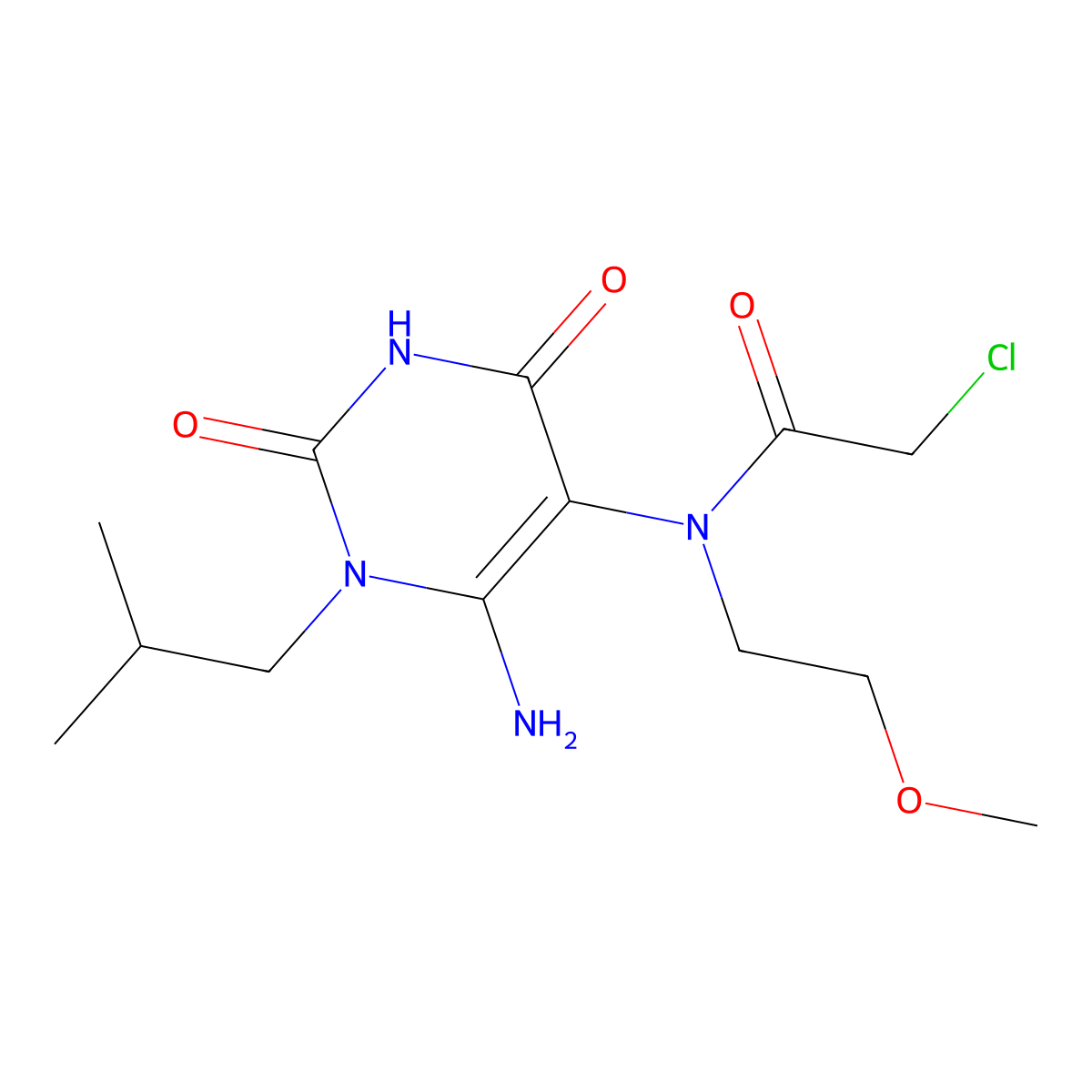 N-(6-amino-1-(2-methylpropyl)-2,4-dioxo-1,2,3,4-tetrahydropyrimidin-5-yl)-2-chloro-N-(2-methoxyethyl)acetamide molecular structure, CAS 561001-99-8