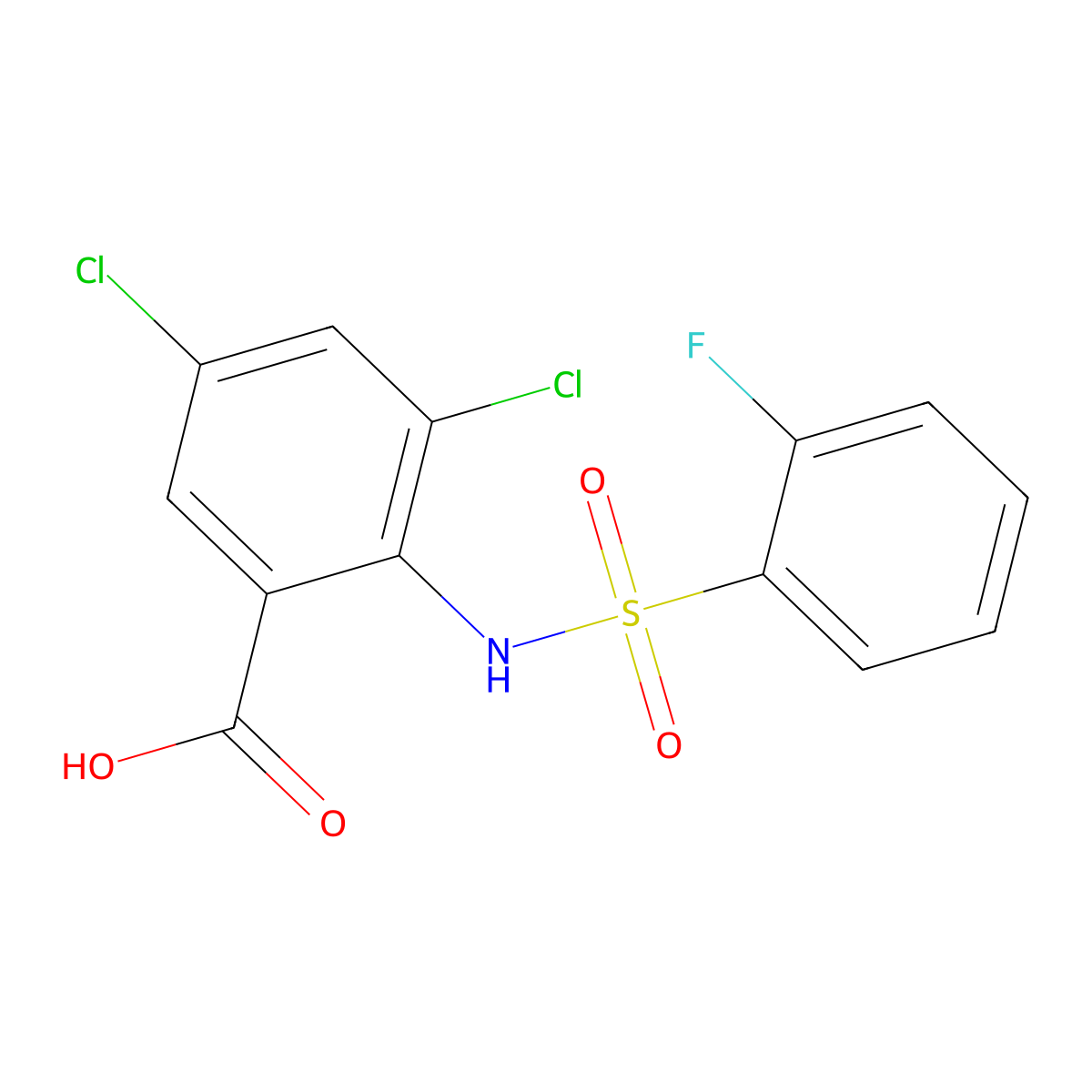 3,5-dichloro-2-[(2-fluorophenyl)sulfonylamino]benzoic Acid molecular structure, CAS 561008-71-7
