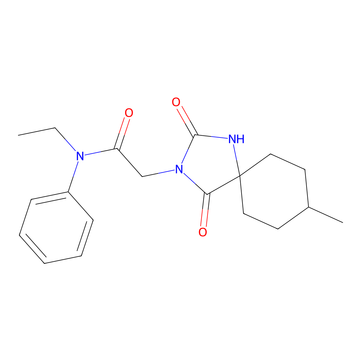 N-ethyl-2-(8-methyl-2,4-dioxo-1,3-diazaspiro[4.5]dec-3-yl)-N-phenylacetamide molecular structure, CAS 561021-40-7