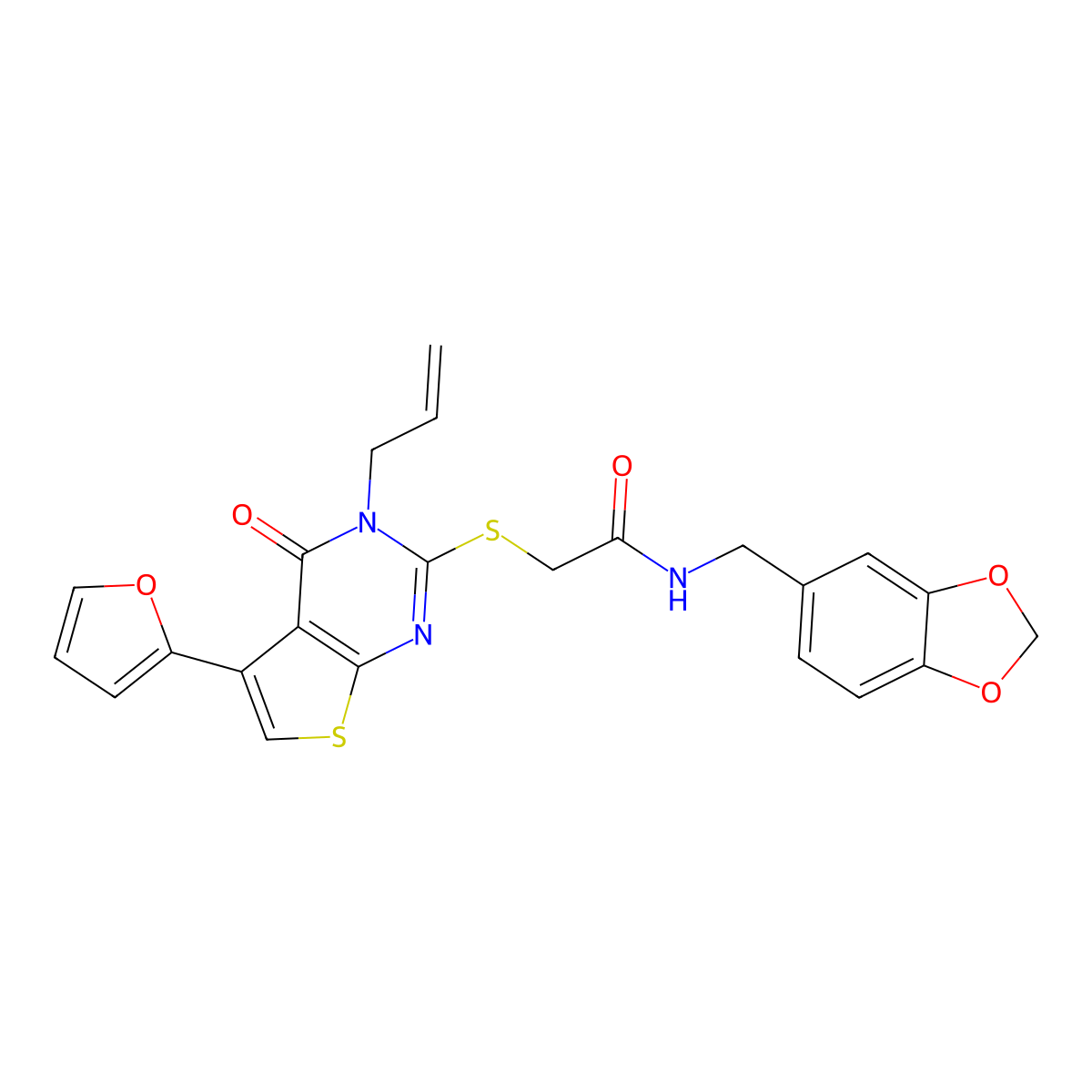 N-(1,3-benzodioxol-5-ylmethyl)-2-[5-(furan-2-yl)-4-oxo-3-prop-2-enylthieno[2,3-d]pyrimidin-2-yl]sulfanylacetamide molecular structure, CAS 561050-85-9