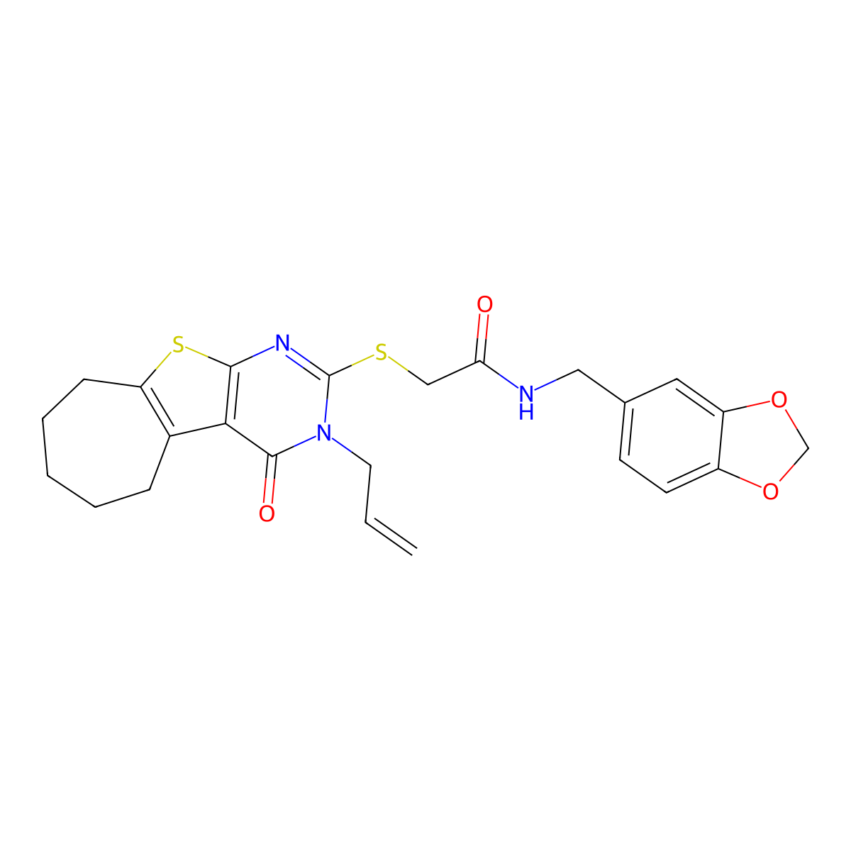 N-[(2H-1,3-benzodioxol-5-yl)methyl]-2-{[3-oxo-4-(prop-2-en-1-yl)-8-thia-4,6-diazatricyclo[7.5.0.0^{2,7}]tetradeca-1(9),2(7),5-trien-5-yl]sulfanyl}acetamide molecular structure, CAS 561280-49-7
