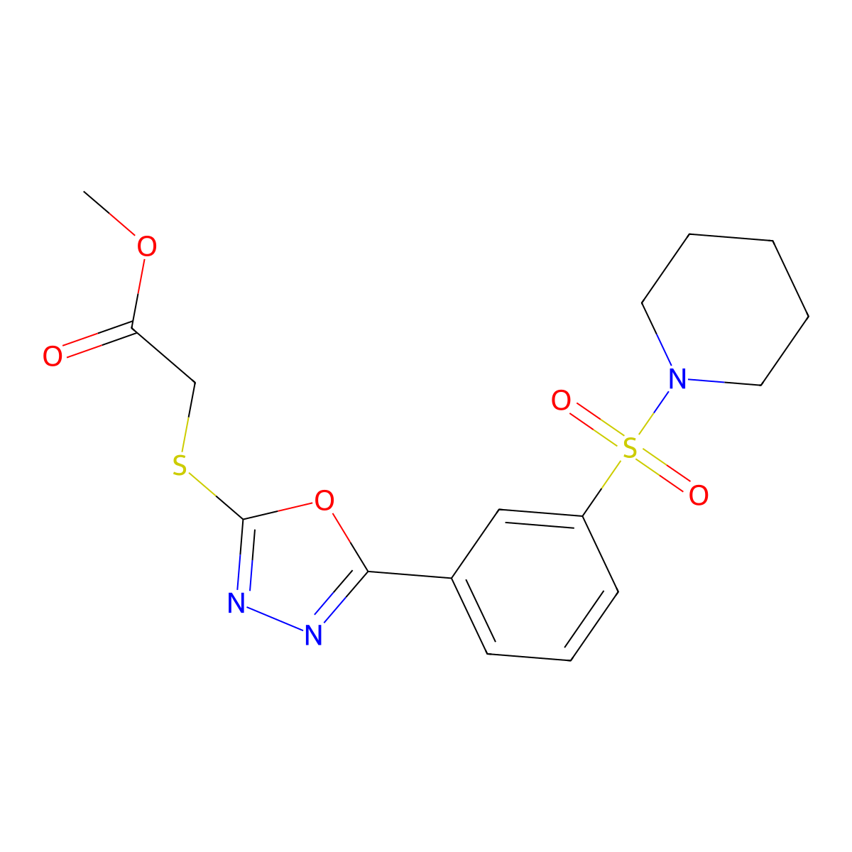 Methyl 2-{5-[3-(piperidylsulfonyl)phenyl]-1,3,4-oxadiazol-2-ylthio}acetate molecular structure, CAS 561282-52-8