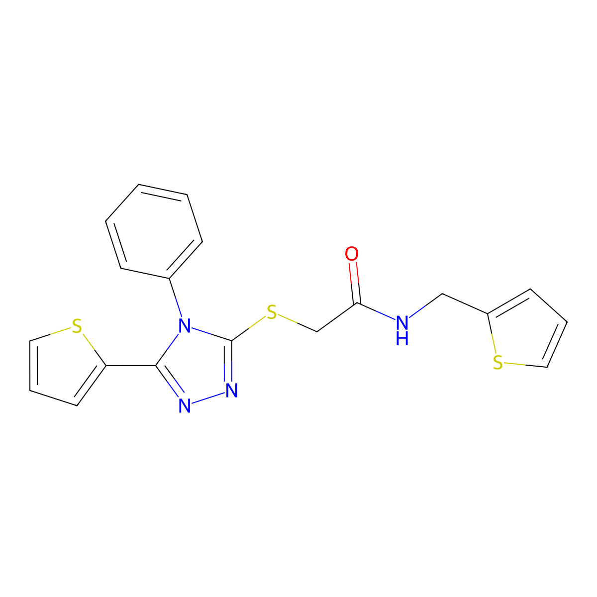 2-[(4-phenyl-5-thiophen-2-yl-1,2,4-triazol-3-yl)sulfanyl]-N-(thiophen-2-ylmethyl)acetamide molecular structure, CAS 561288-53-7