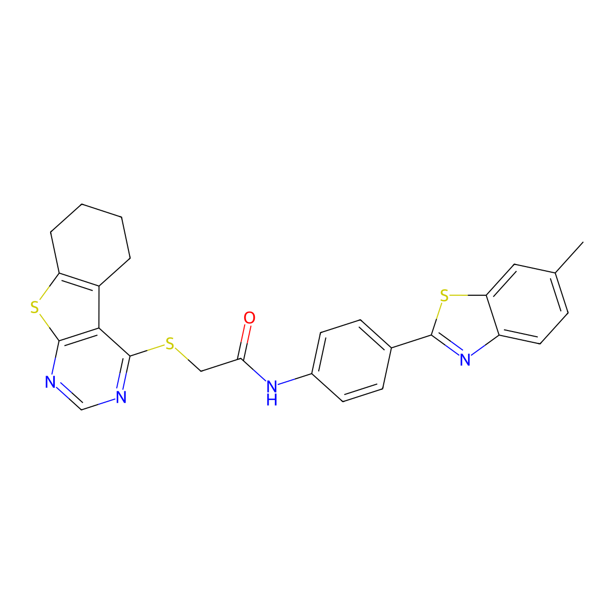 N-[4-(6-methyl-1,3-benzothiazol-2-yl)phenyl]-2-(5,6,7,8-tetrahydro[1]benzothieno[2,3-d]pyrimidin-4-ylsulfanyl)acetamide molecular structure, CAS 561289-04-1