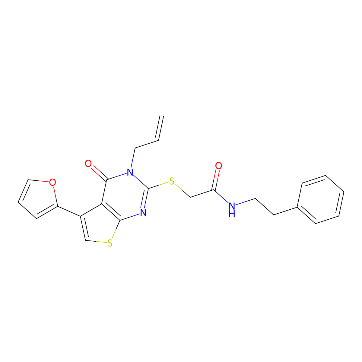 2-{[5-(furan-2-yl)-4-oxo-3-(prop-2-en-1-yl)-3H,4H-thieno[2,3-d]pyrimidin-2-yl]sulfanyl}-N-(2-phenylethyl)acetamide molecular structure, CAS 561296-44-4