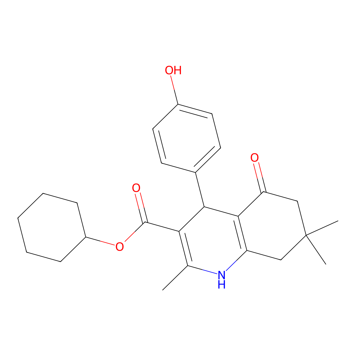 Cyclohexyl 4-(4-hydroxyphenyl)-2,7,7-trimethyl-5-oxo-1,4,5,6,7,8-hexahydroquinoline-3-carboxylate molecular structure, CAS 5613-16-1