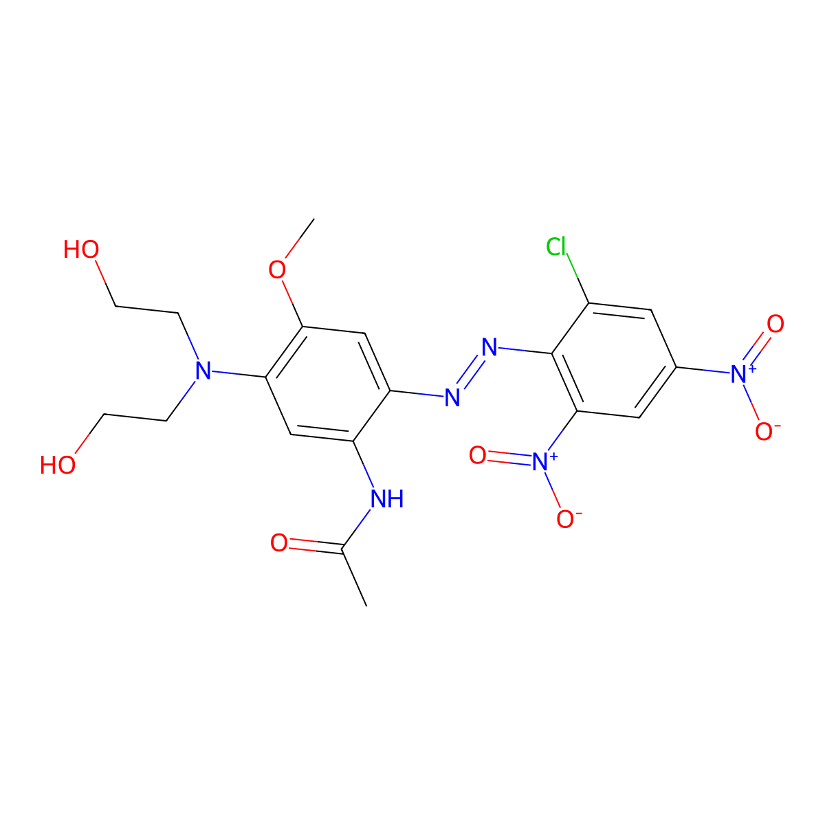 Acetamide, N-(5-(bis(2-hydroxyethyl)amino)-2-(2-(2-chloro-4,6-dinitrophenyl)diazenyl)-4-methoxyphenyl)- molecular structure, CAS 56149-93-0