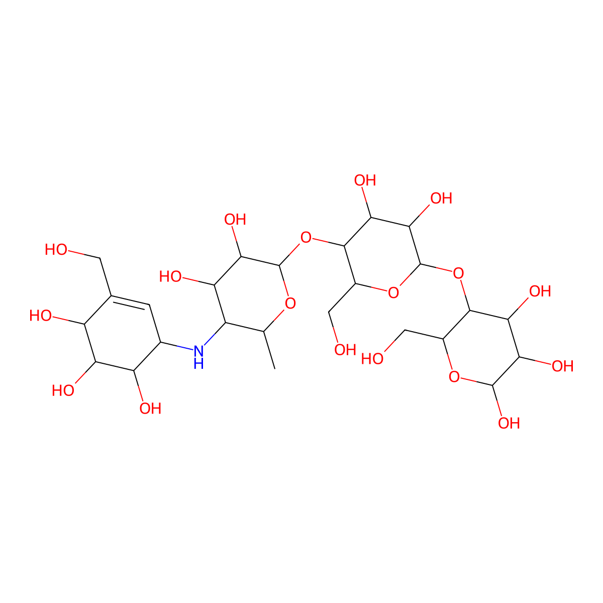 (3R,4R,5S,6R)-5-(((2R,3R,4R,5S,6R)-5-(((2R,3R,4S,5S,6R)-3,4-dihydroxy-6-methyl-5-(((1S,4R,5S,6S)-4,5,6-trihydroxy-3-(hydroxymethyl)cyclohex-2-en-1-yl)amino)oxan-2-yl)oxy)-3,4-dihydroxy-6-(hydroxymethyl)oxan-2-yl)oxy)-6-(hydroxymethyl)oxane-2,3,4-triol molecular structure, CAS 56180-94-0