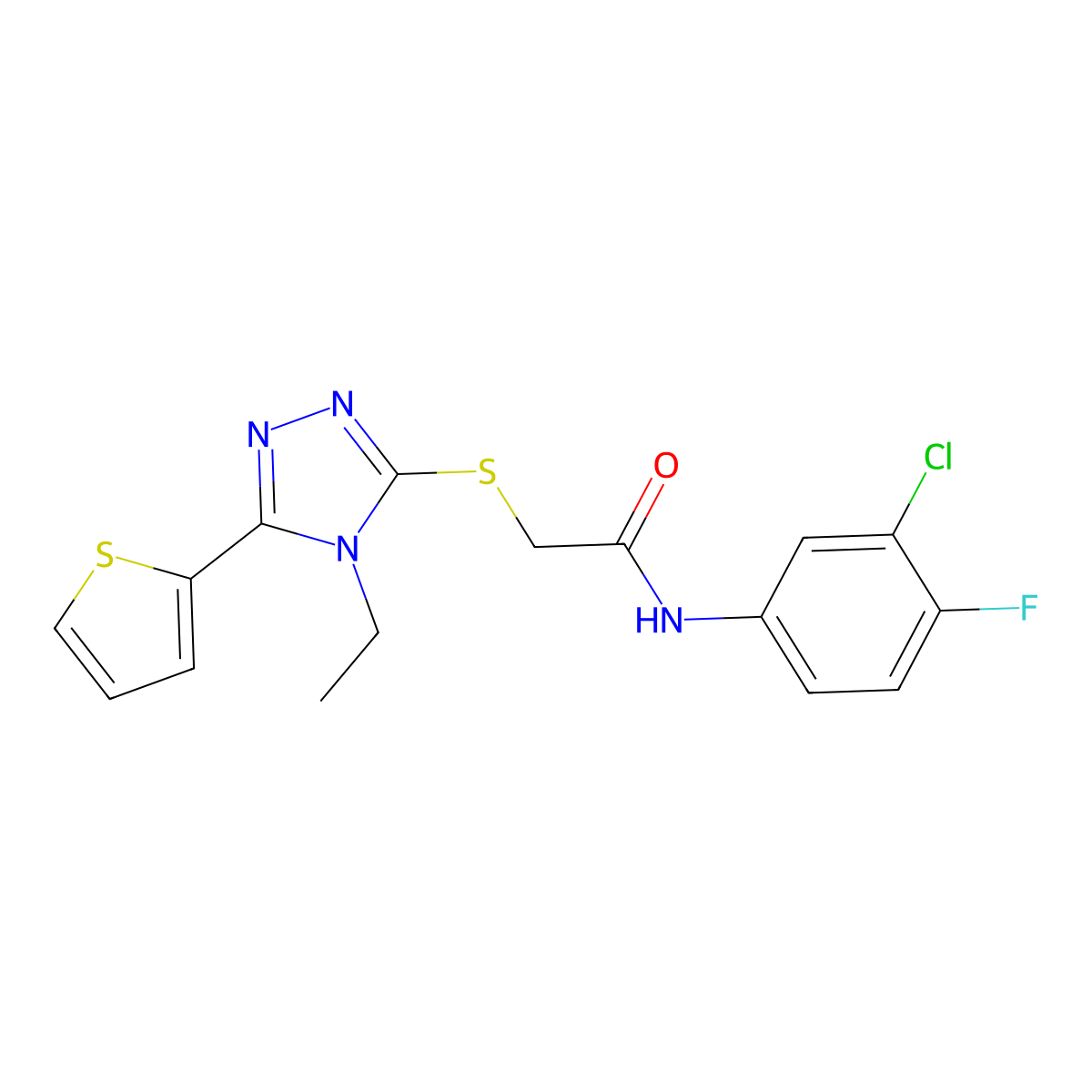 N-(3-CL-4-F-PH)-2-((4-Ethyl-5-(2-thienyl)-4H-1,2,4-triazol-3-YL)thio)acetamide molecular structure, CAS 562046-16-6