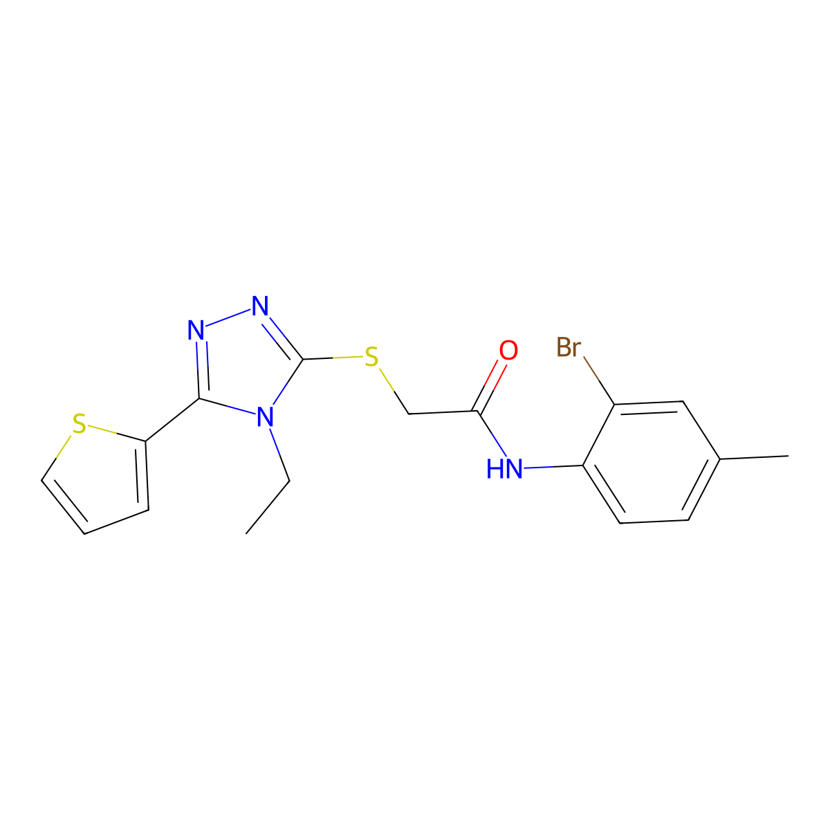 N-(2-Bromo-4-methylphenyl)-2-((4-ethyl-5-(2-thienyl)-4H-1,2,4-triazol-3-YL)sulfanyl)acetamide molecular structure, CAS 562088-83-9