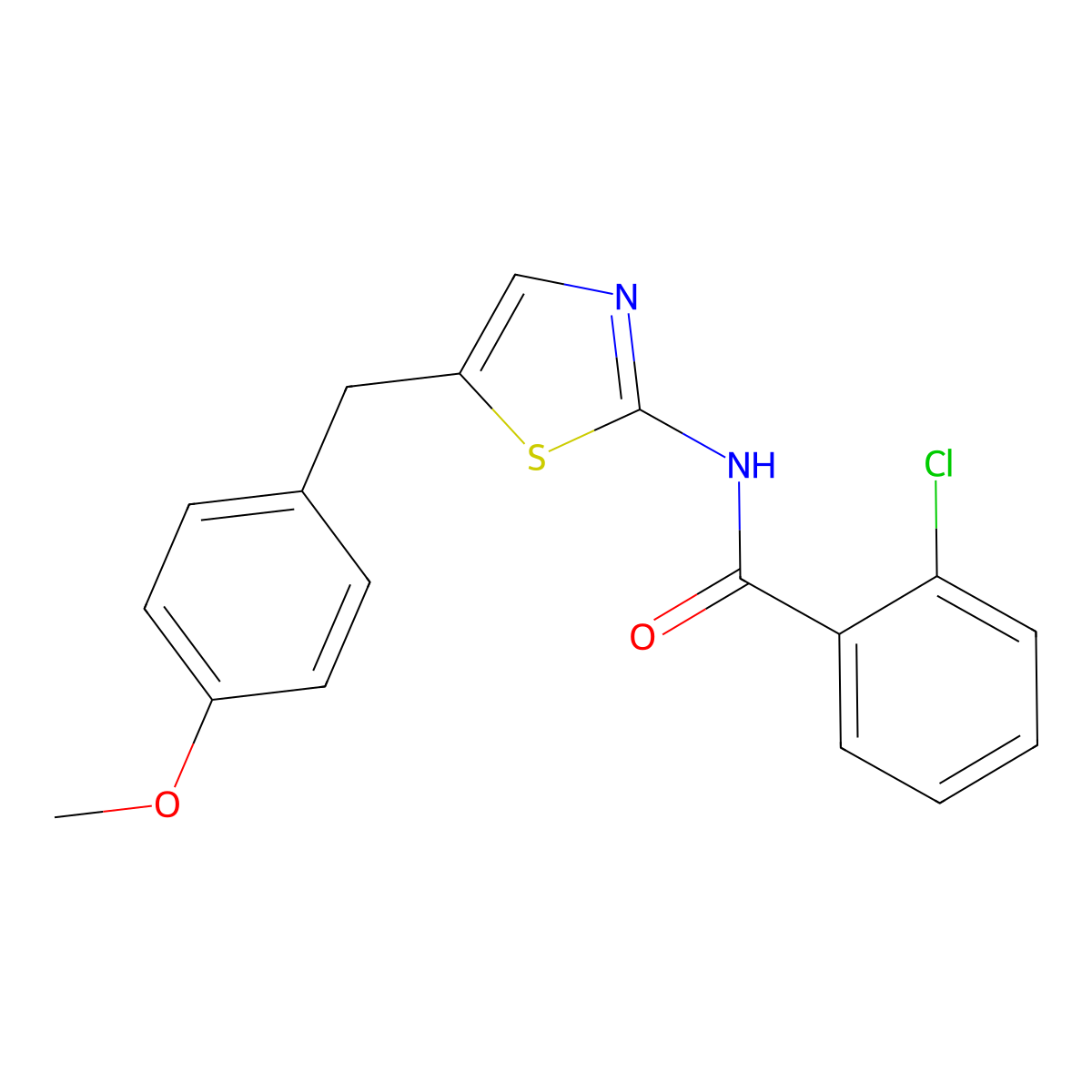2-chloro-N-{5-[(4-methoxyphenyl)methyl]-1,3-thiazol-2-yl}benzamide molecular structure, CAS 5623-65-4