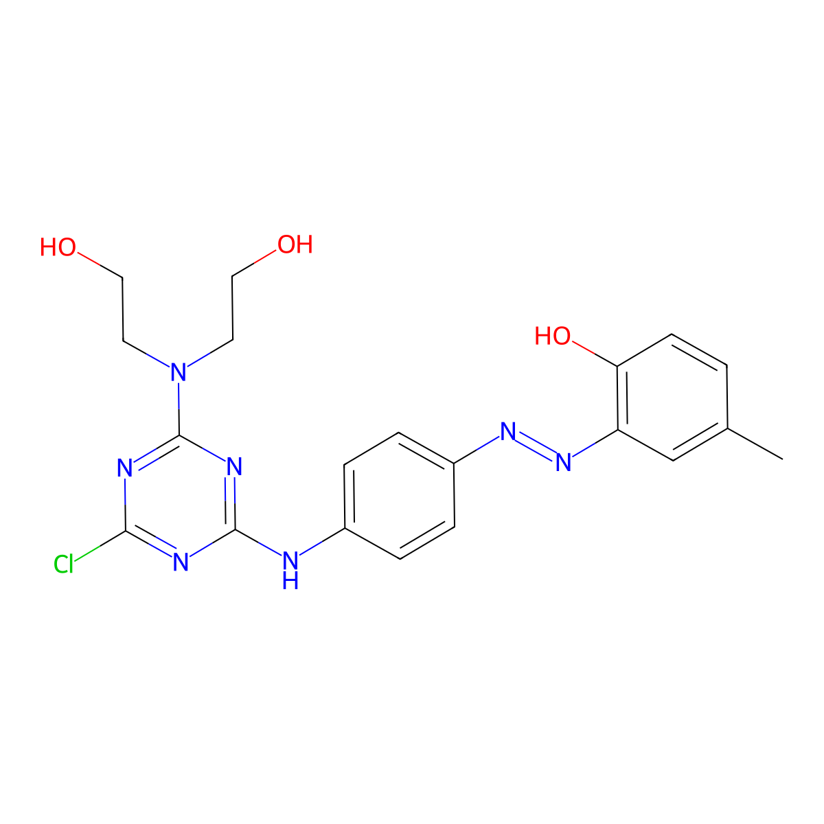 Phenol, 2-(2-(4-((4-(bis(2-hydroxyethyl)amino)-6-chloro-1,3,5-triazin-2-yl)amino)phenyl)diazenyl)-4-methyl- molecular structure, CAS 56275-25-3