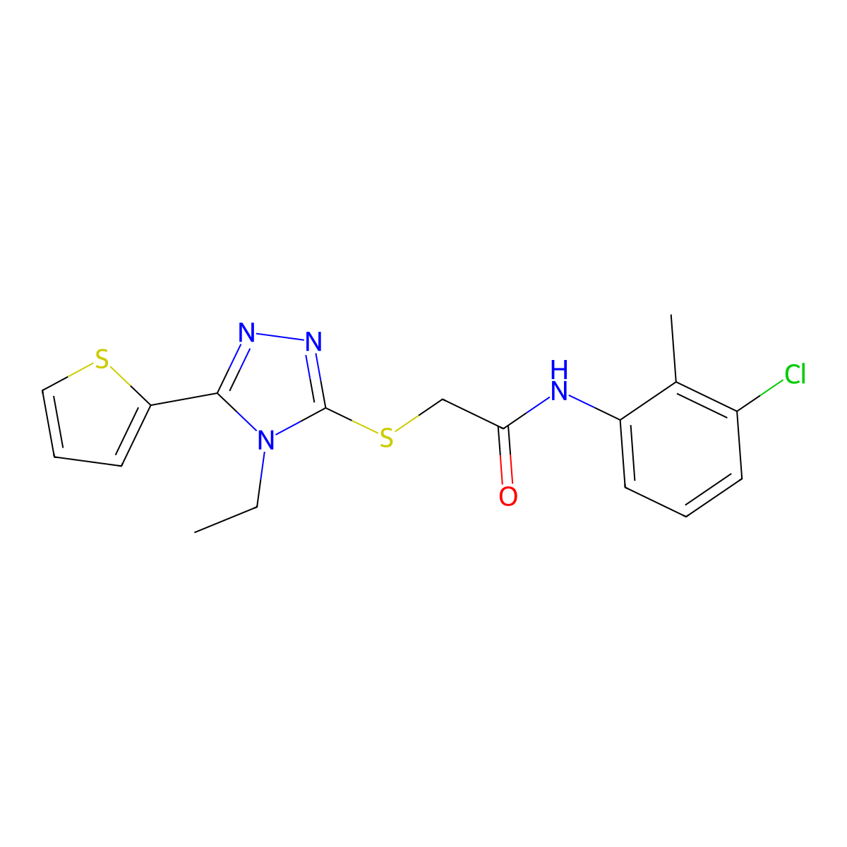 N-(3-Chloro-2-methylphenyl)-2-((4-ethyl-5-(2-thienyl)-4H-1,2,4-triazol-3-YL)sulfanyl)acetamide molecular structure, CAS 562829-68-9