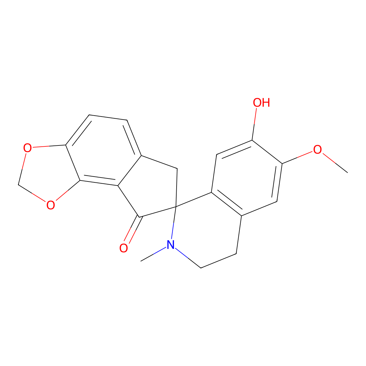 Spiro[7H-indeno[4,5-d]-1,3-dioxole-7,1'(2'H)-isoquinolin]-8(6H)-one, 3',4'-dihydro-7'-hydroxy-6'-methoxy-2'-methyl- molecular structure, CAS 56297-73-5