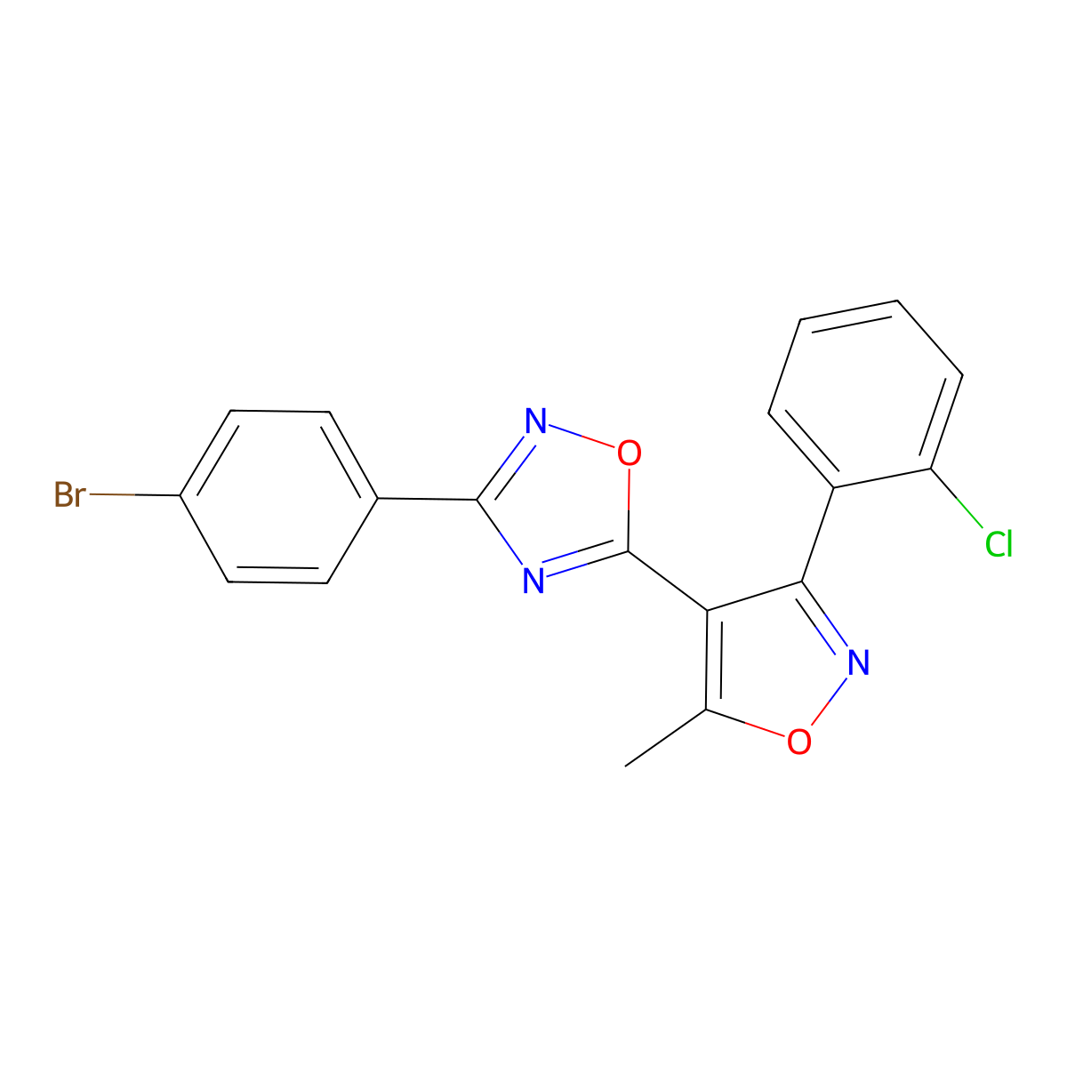 3-(4-Bromophenyl)-5-[3-(2-chlorophenyl)-5-methyl-1,2-oxazol-4-yl]-1,2,4-oxadiazole molecular structure, CAS 5631-56-1
