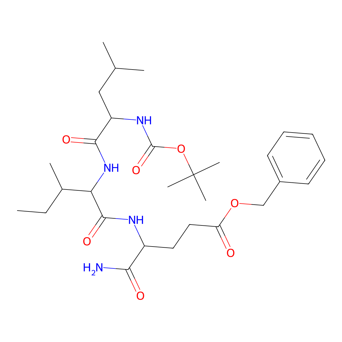 Benzyl 5-amino-4-[[3-methyl-2-[[4-methyl-2-[(2-methylpropan-2-yl)oxycarbonylamino]pentanoyl]amino]pentanoyl]amino]-5-oxopentanoate molecular structure, CAS 5633-95-4