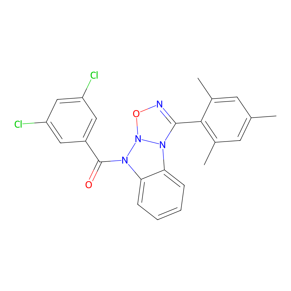 (3,5-Dichlorophenyl)-[1-(2,4,6-trimethylphenyl)-[1,2,3,5]oxatriazolo[3,2-a]benzotriazol-5-yl]methanone molecular structure, CAS 5644-58-6