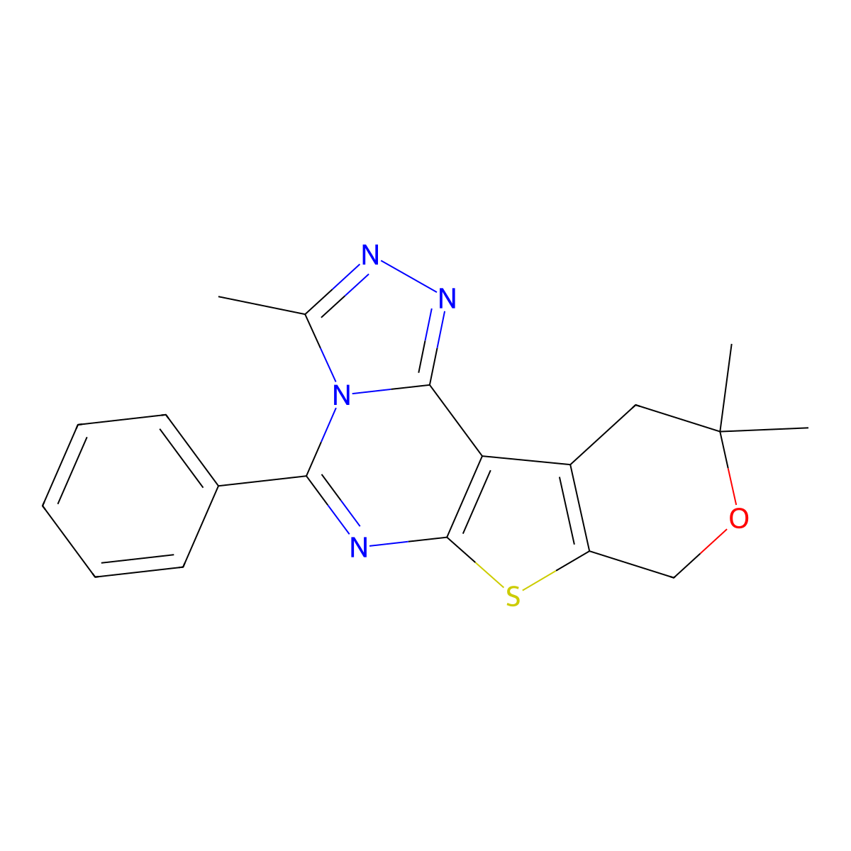 3,10,10-trimethyl-5-phenyl-10,11-dihydro-8H-pyrano[4',3':4,5]thieno[3,2-e][1,2,4]triazolo[4,3-c]pyrimidine molecular structure, CAS 5646-95-7