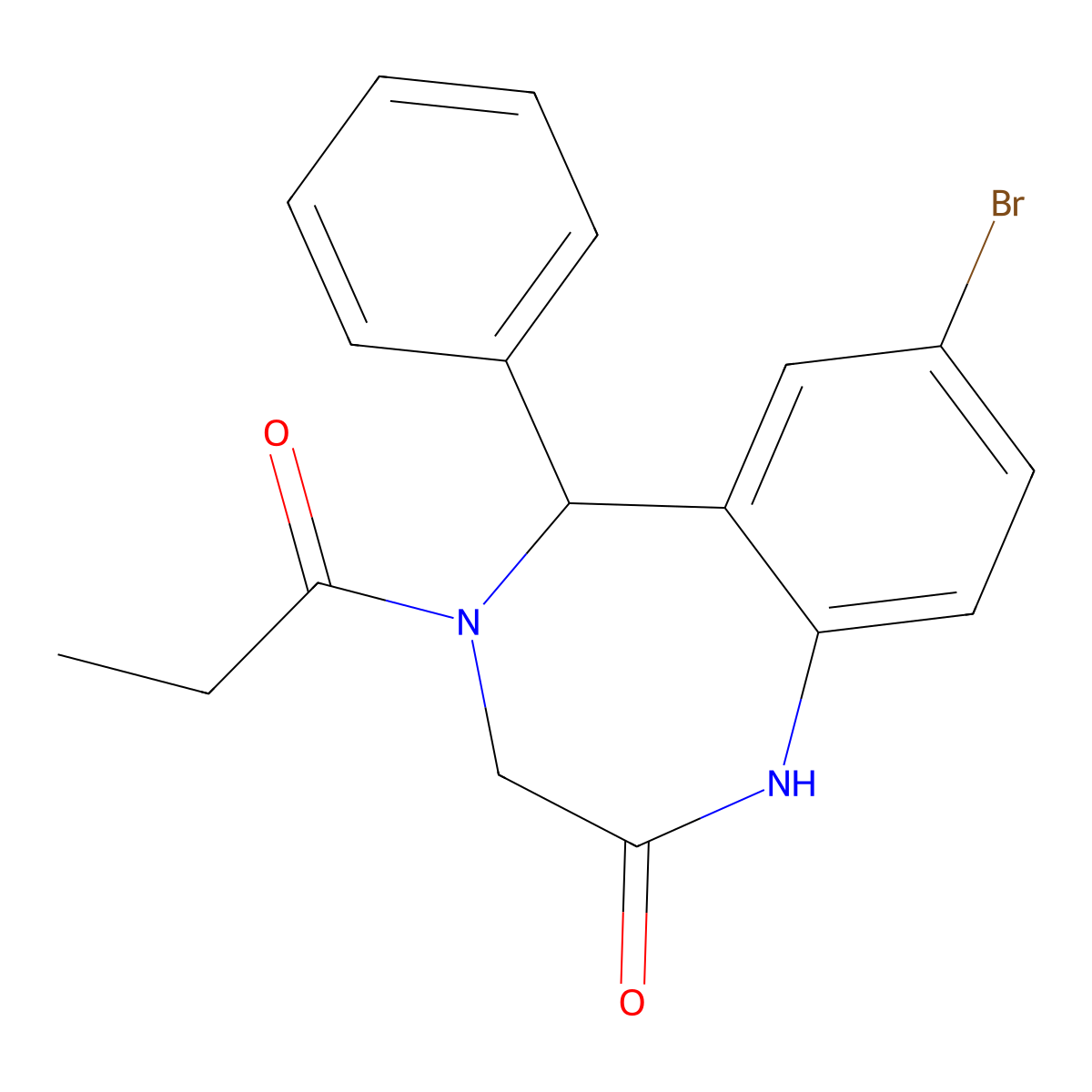 7-bromo-5-phenyl-4-propionyl-1,3,4,5-tetrahydro-2H-1,4-benzodiazepin-2-one molecular structure, CAS 5647-75-6