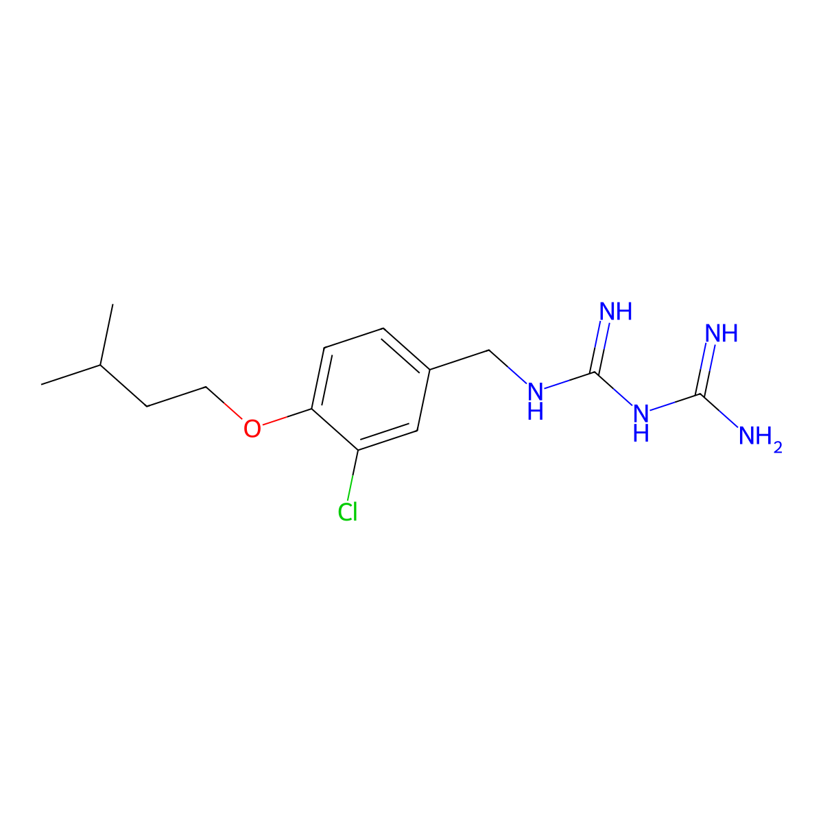 2-[[3-Chloro-4-(3-methylbutoxy)phenyl]methyl]-1-(diaminomethylidene)guanidine molecular structure, CAS 5647-99-4