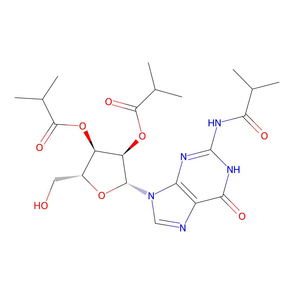 Guanosine, N-(2-methyl-1-oxopropyl)-, 2',3'-bis(2-methylpropanoate) molecular structure, CAS 56489-75-9