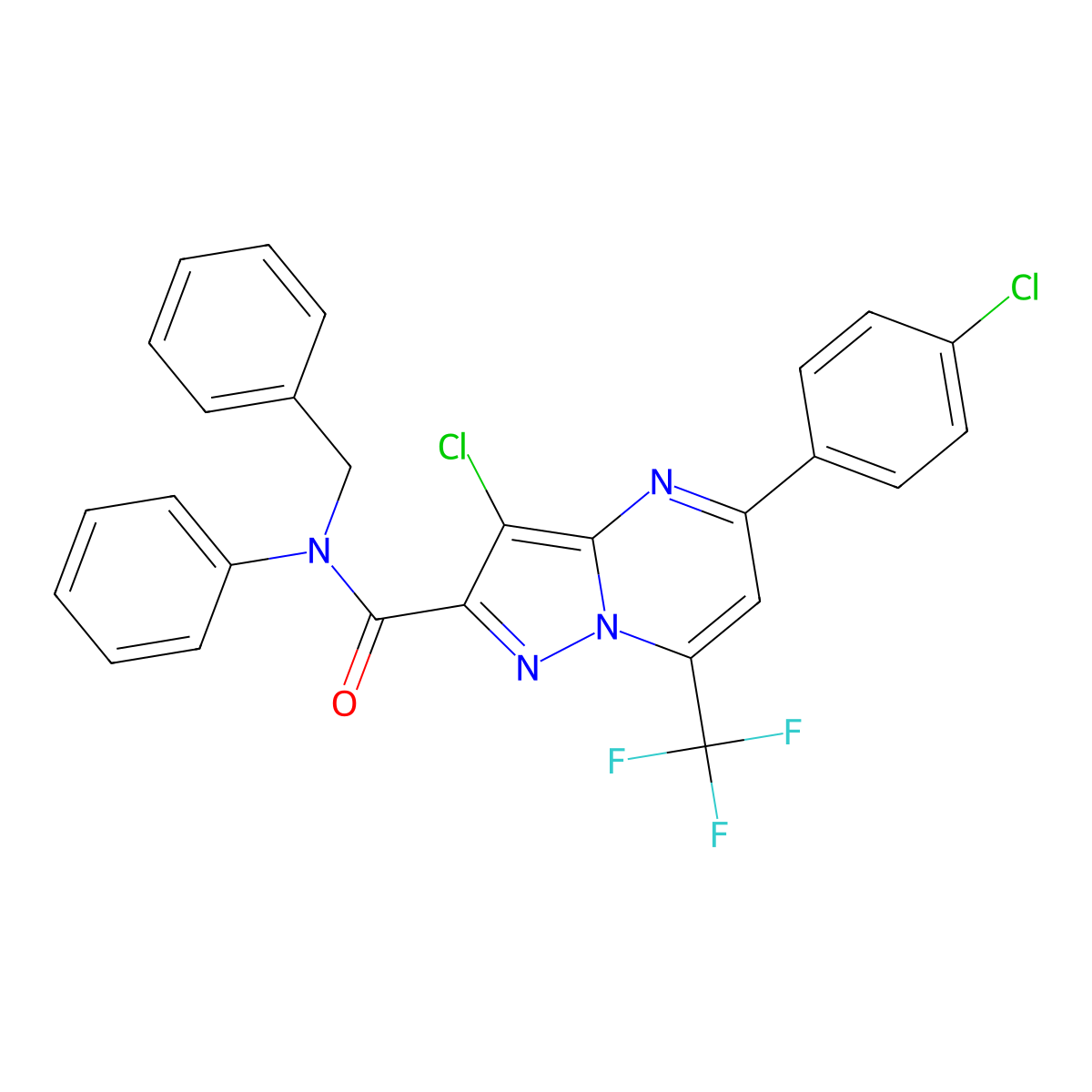 N-benzyl-3-chloro-5-(4-chlorophenyl)-N-phenyl-7-(trifluoromethyl)pyrazolo[1,5-a]pyrimidine-2-carboxamide molecular structure, CAS 5649-02-5