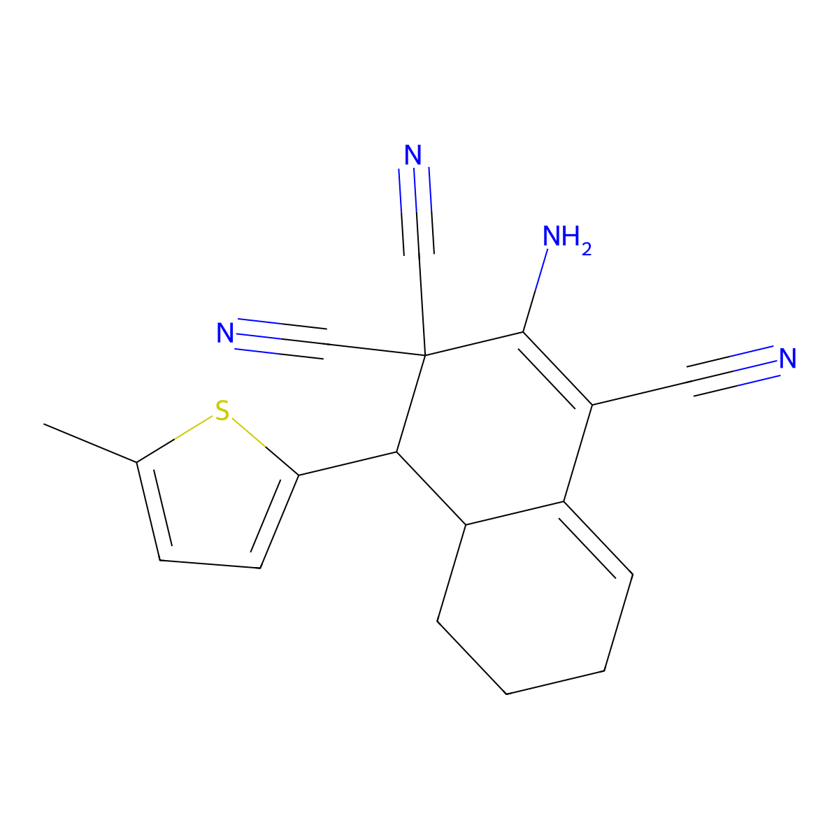 2-amino-4-(5-methylthiophen-2-yl)-4a,5,6,7-tetrahydro-4H-naphthalene-1,3,3-tricarbonitrile molecular structure, CAS 5650-95-3
