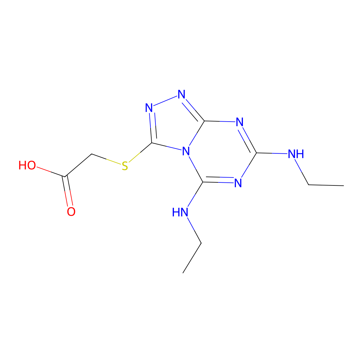 2-((Bis(ethylamino)-(1,2,4)triazolo(4,3-a)(1,3,5)triazin-3-yl)sulfanyl)acetic acid molecular structure, CAS 565166-68-9