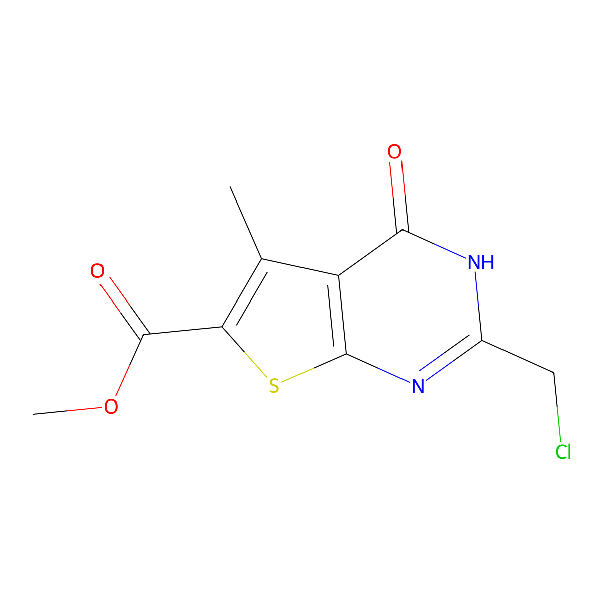 methyl 2-(chloromethyl)-5-methyl-4-oxo-3H,4H-thieno[2,3-d]pyrimidine-6-carboxylate molecular structure, CAS 565166-96-3