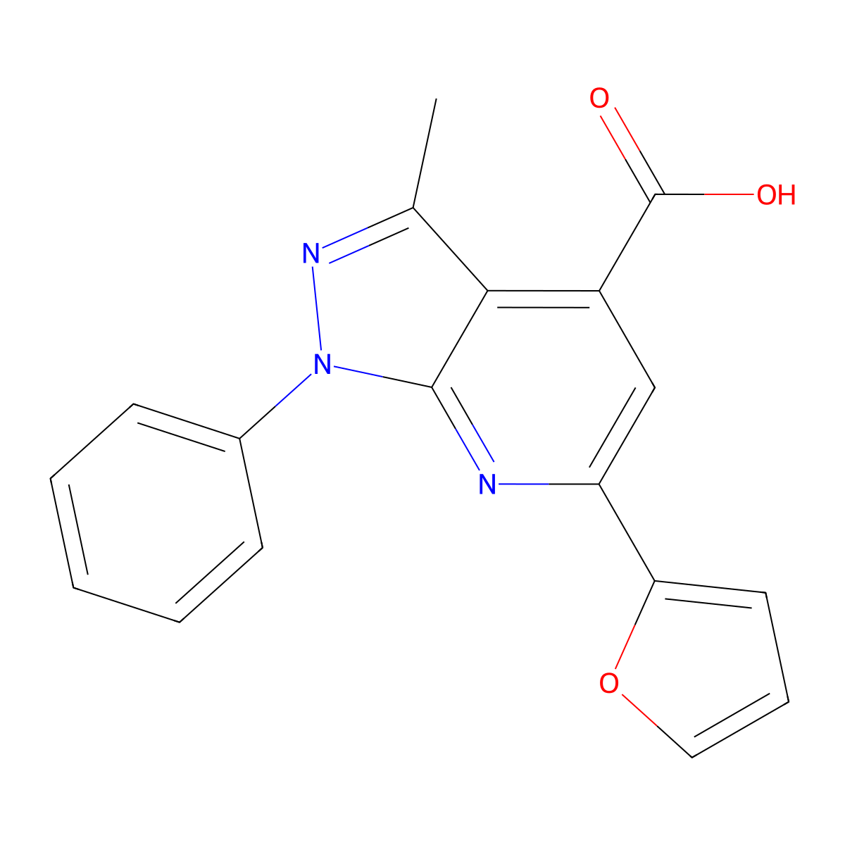 6-(furan-2-yl)-3-methyl-1-phenyl-1H-pyrazolo[3,4-b]pyridine-4-carboxylic acid molecular structure, CAS 565167-01-3