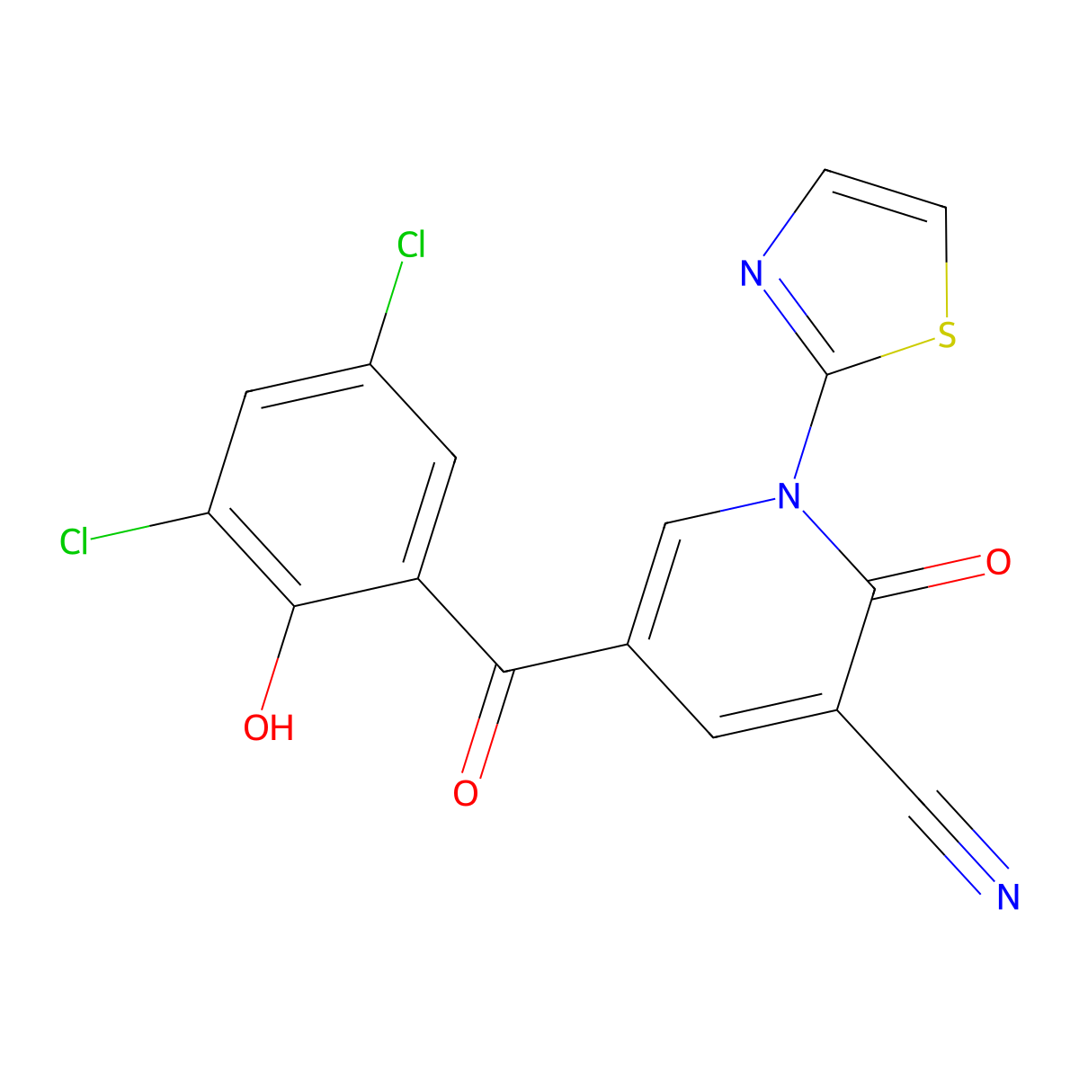 5-(3,5-Dichloro-2-hydroxybenzoyl)-2-oxo-1-(1,3-thiazol-2-yl)-1,2-dihydropyridine-3-carbonitrile molecular structure, CAS 565168-79-8
