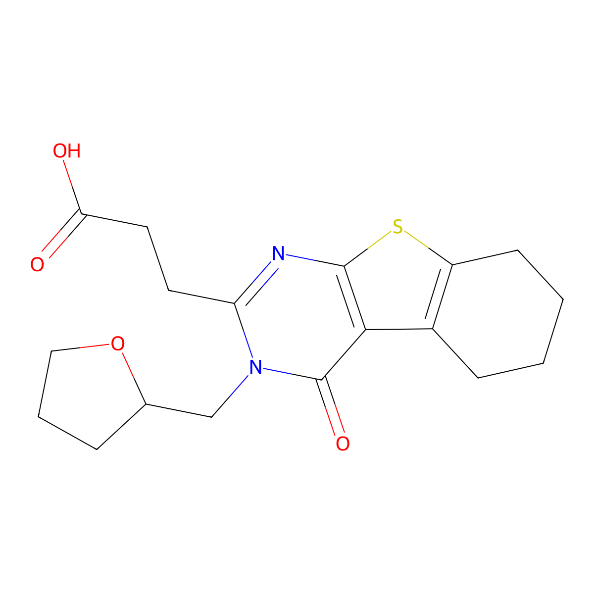 3-[4-Oxo-3-(oxolan-2-ylmethyl)-5,6,7,8-tetrahydro-[1]benzothiolo[2,3-d]pyrimidin-2-yl]propanoic acid molecular structure, CAS 565168-80-1