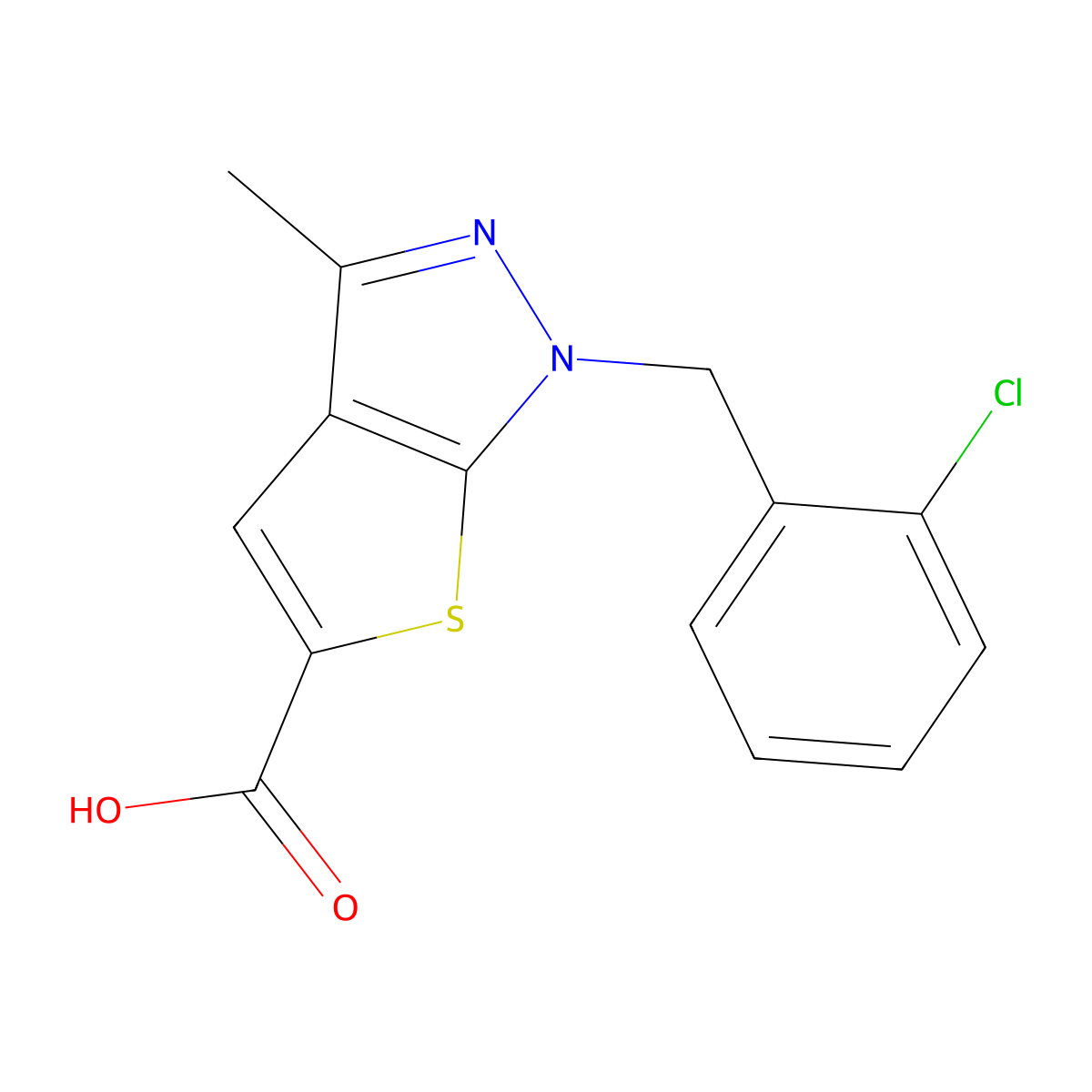 1-[(2-chlorophenyl)methyl]-3-methyl-1H-thieno[2,3-c]pyrazole-5-carboxylic acid molecular structure, CAS 565171-05-3