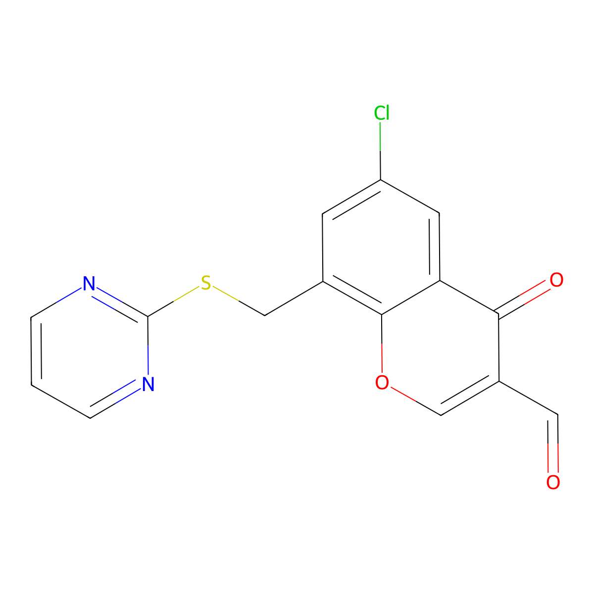 6-Chloro-4-oxo-8-(pyrimidin-2-ylsulfanylmethyl)-4H-chromene-3-carbaldehyde molecular structure, CAS 565171-11-1