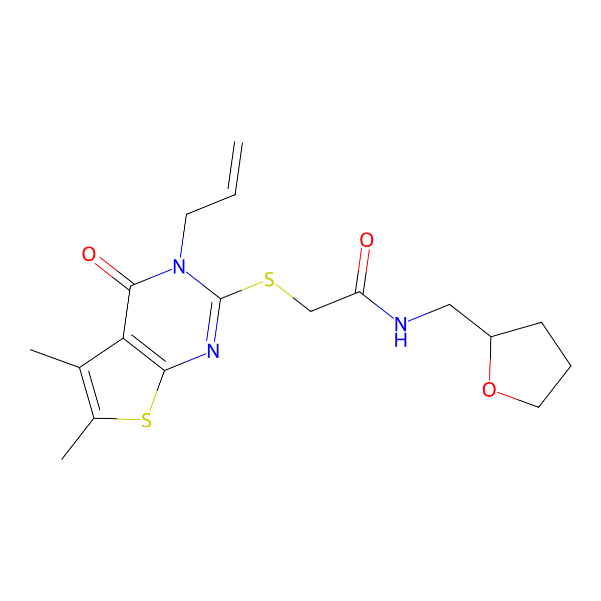 2-(5,6-dimethyl-4-oxo-3-prop-2-enylthieno[2,3-d]pyrimidin-2-yl)sulfanyl-N-(oxolan-2-ylmethyl)acetamide molecular structure, CAS 565179-95-5