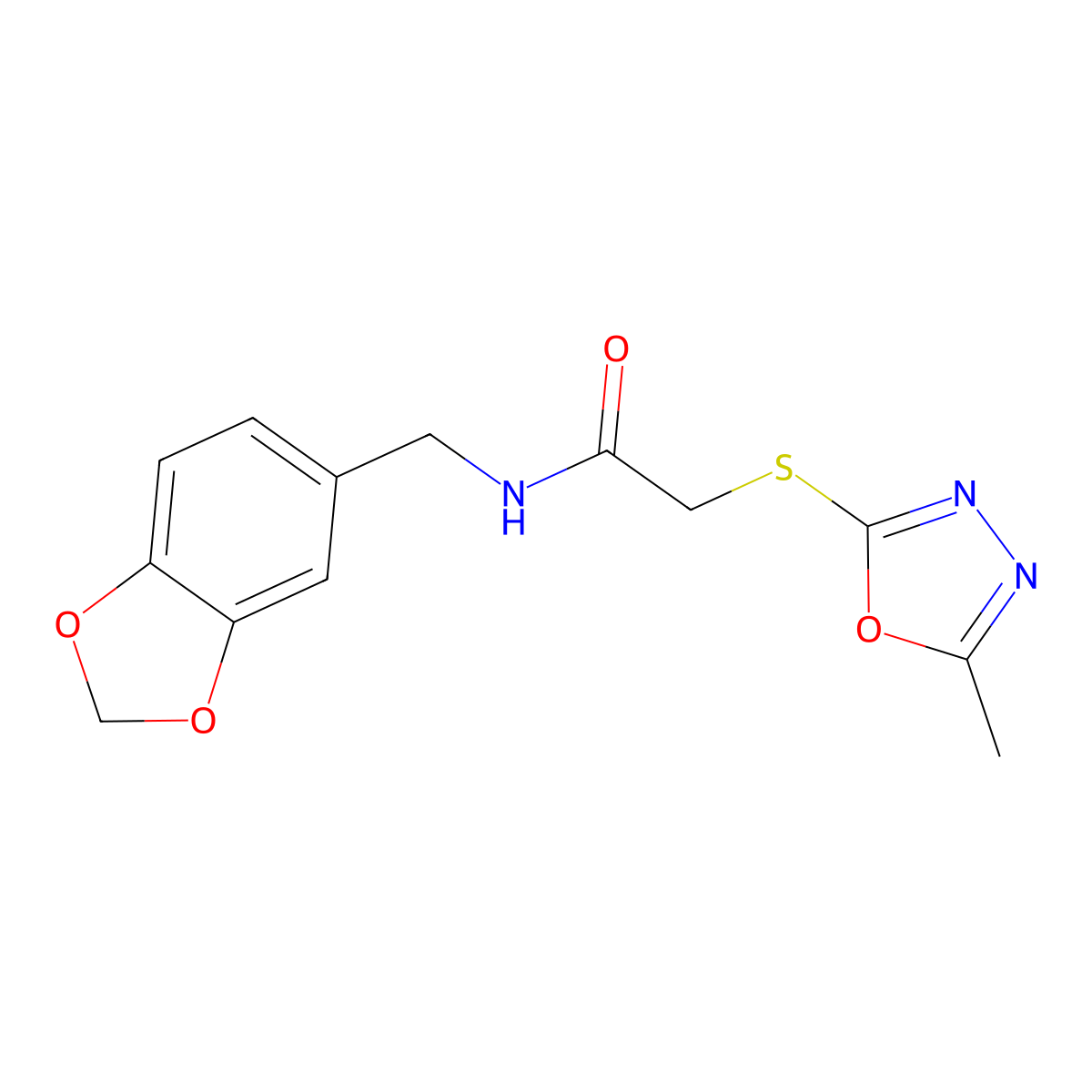 N-[(2H-1,3-benzodioxol-5-yl)methyl]-2-[(5-methyl-1,3,4-oxadiazol-2-yl)sulfanyl]acetamide molecular structure, CAS 565180-34-9