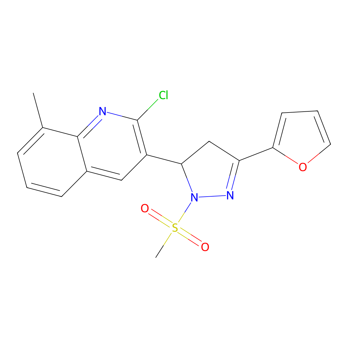 2-chloro-3-(3-(furan-2-yl)-1-(methylsulfonyl)-4,5-dihydro-1H-pyrazol-5-yl)-8-methylquinoline molecular structure, CAS 565193-26-2