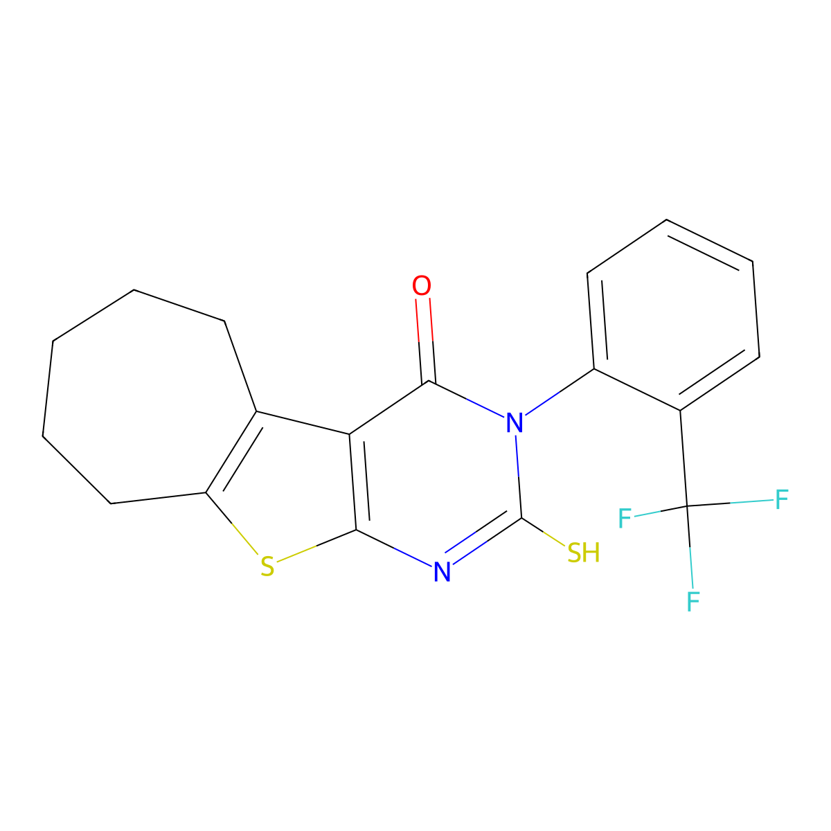 5-Sulfanyl-4-[2-(trifluoromethyl)phenyl]-8-thia-4,6-diazatricyclo[7.5.0.0,2,7]tetradeca-1(9),2(7),5-trien-3-one molecular structure, CAS 565195-77-9