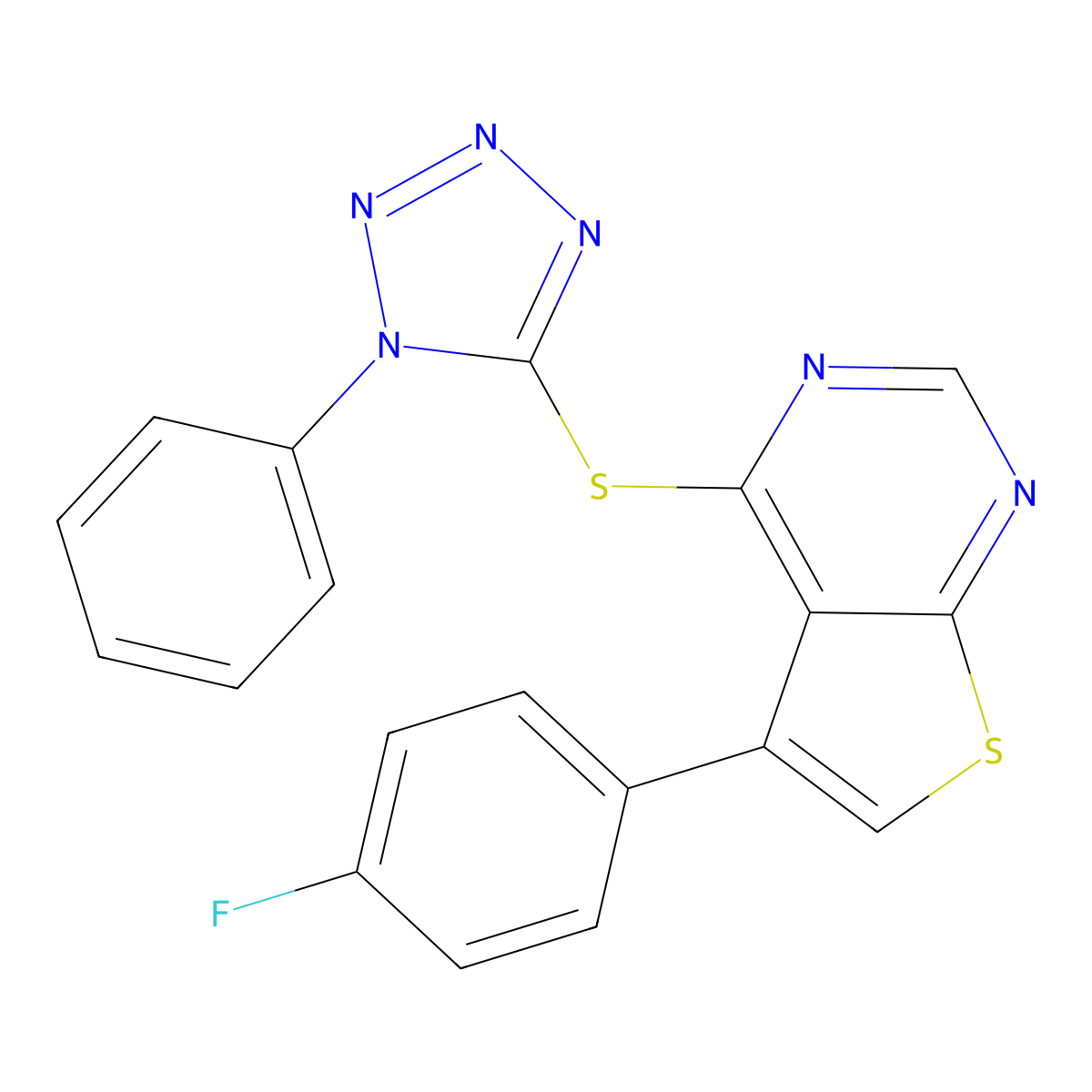 5-(4-fluorophenyl)-4-((1-phenyl-1H-tetrazol-5-yl)thio)thieno[2,3-d]pyrimidine molecular structure, CAS 565209-89-4