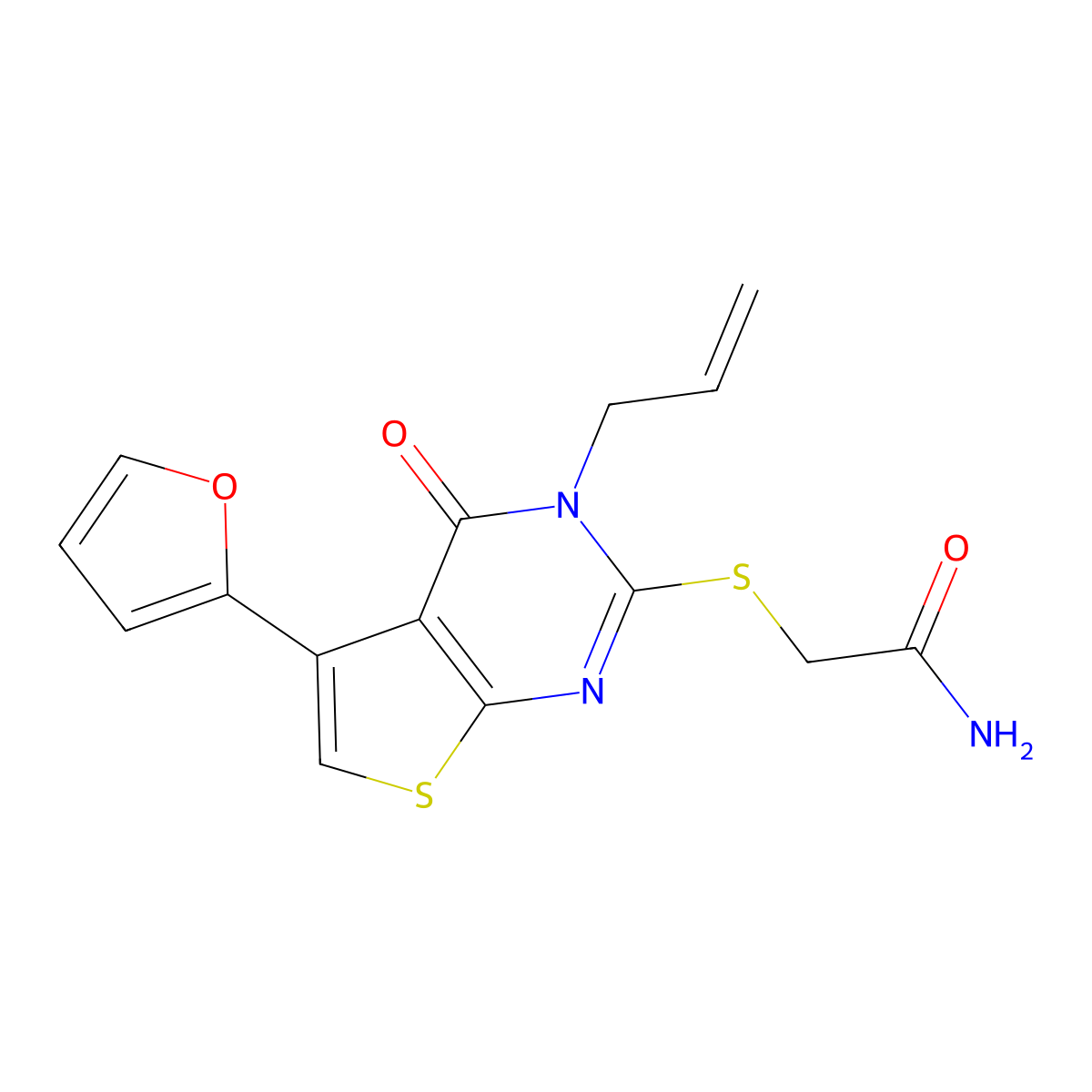 2-[5-(Furan-2-yl)-4-oxo-3-prop-2-enylthieno[2,3-d]pyrimidin-2-yl]sulfanylacetamide molecular structure, CAS 565217-54-1