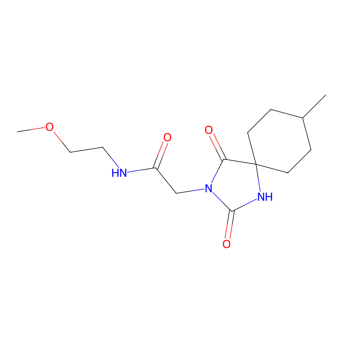 N-(2-methoxyethyl)-2-(8-methyl-2,4-dioxo-1,3-diazaspiro[4.5]decan-3-yl)acetamide molecular structure, CAS 565218-12-4