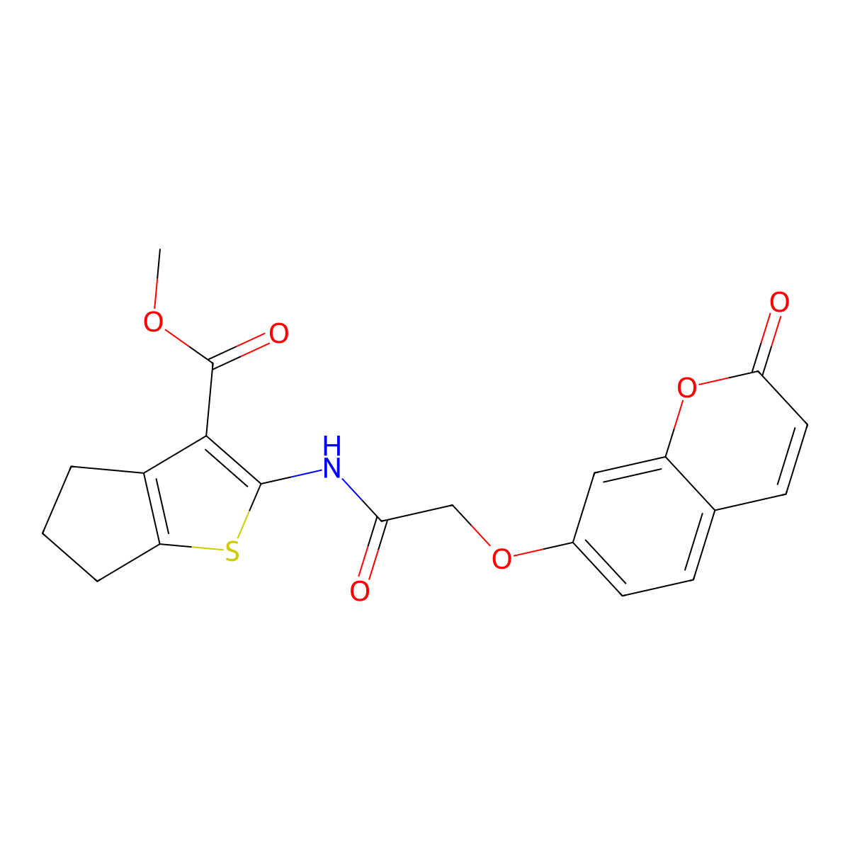 Methyl 2-[2-(2-oxochromen-7-yloxy)acetylamino]-4,5,6-trihydrocyclopenta[2,1-b] thiophene-3-carboxylate molecular structure, CAS 565223-93-0