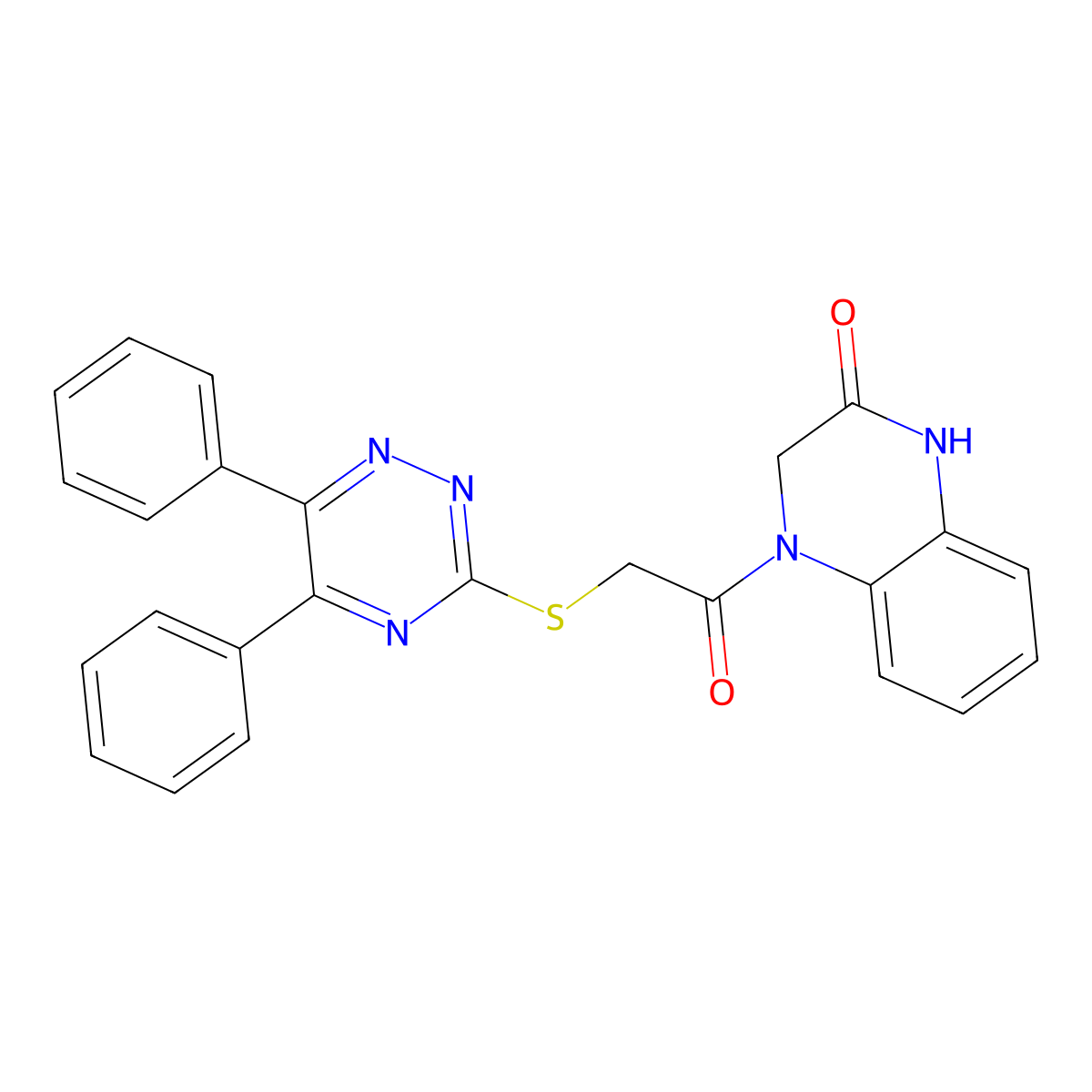 4-(2-((5,6-diphenyl-1,2,4-triazin-3-yl)thio)acetyl)-3,4-dihydroquinoxalin-2(1H)-one molecular structure, CAS 565224-44-4