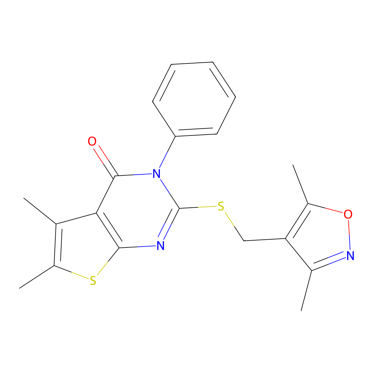 2-(((3,5-dimethylisoxazol-4-yl)methyl)thio)-5,6-dimethyl-3-phenylthieno[2,3-d]pyrimidin-4(3H)-one molecular structure, CAS 565224-62-6