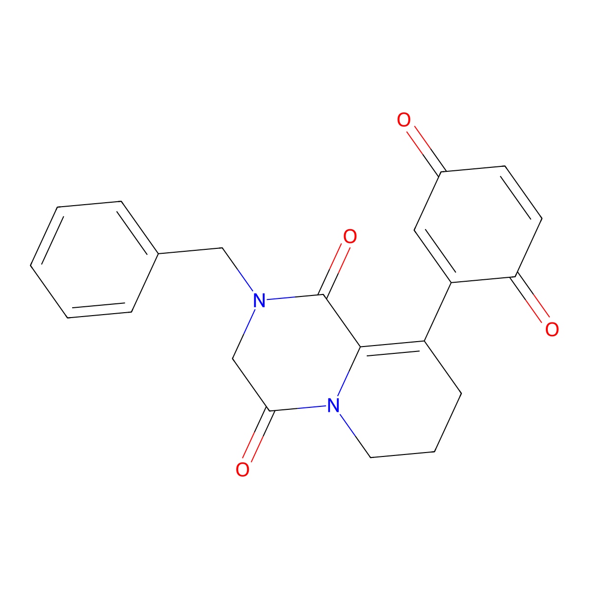 2-Benzyl-9-(3,6-dioxocyclohexa-1,4-dien-1-yl)-3,6,7,8-tetrahydropyrido[1,2-a]pyrazine-1,4-dione molecular structure, CAS 565418-83-9