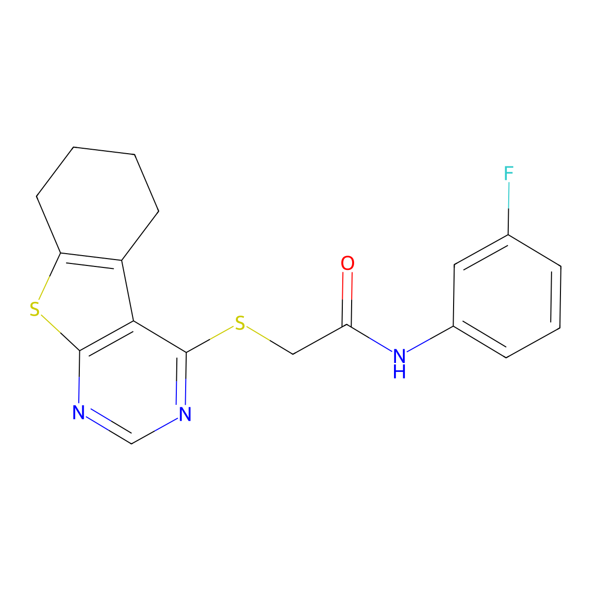 N-(3-fluorophenyl)-2-(5,6,7,8-tetrahydro[1]benzothieno[2,3-d]pyrimidin-4-ylsulfanyl)acetamide molecular structure, CAS 565425-48-1