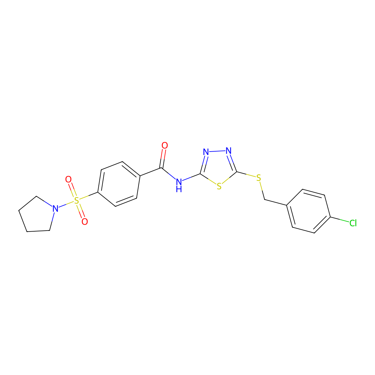 N-(5-((4-chlorobenzyl)thio)-1,3,4-thiadiazol-2-yl)-4-(pyrrolidin-1-ylsulfonyl)benzamide molecular structure, CAS 565429-55-2