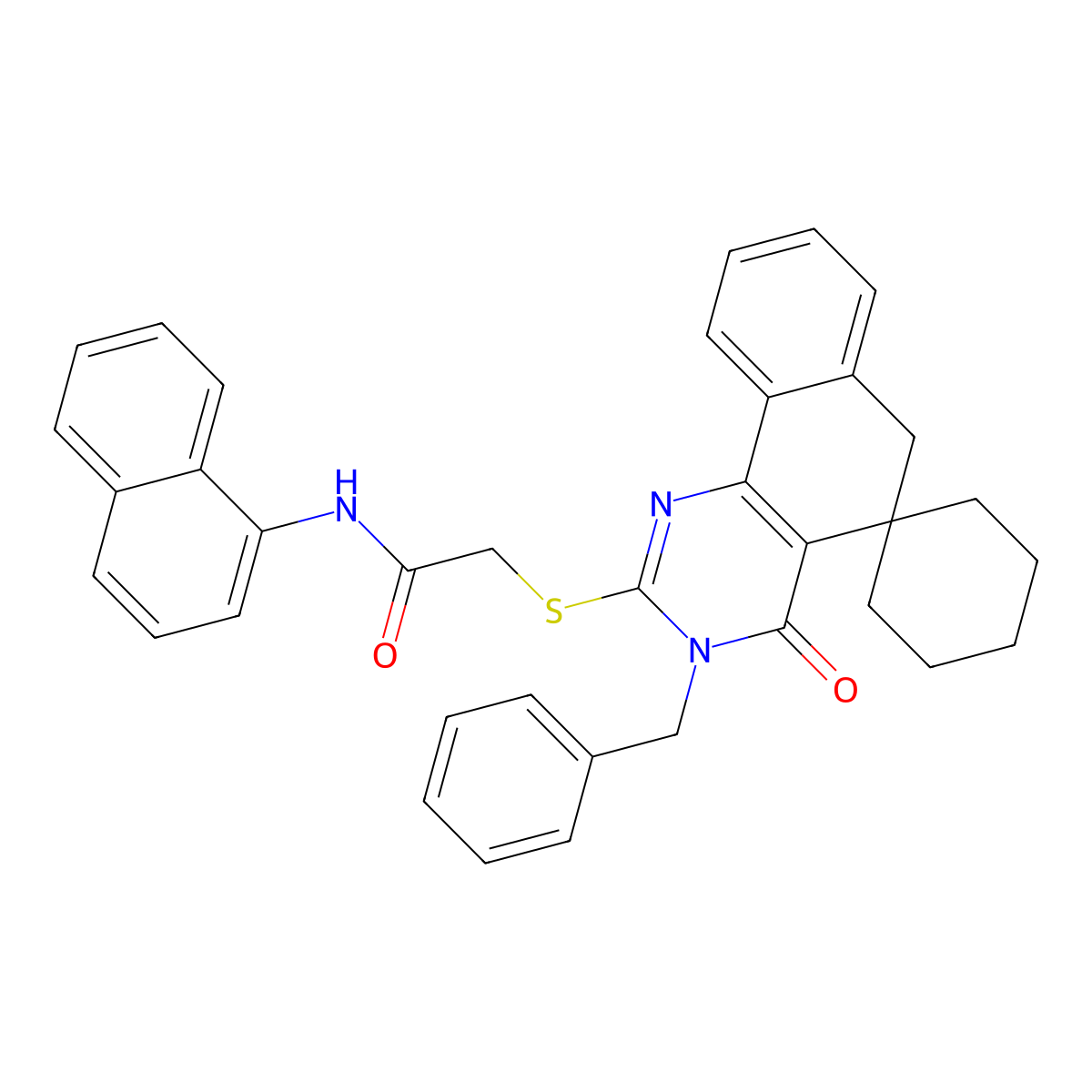 2-((3-benzyl-4-oxo-4,6-dihydro-3H-spiro[benzo[h]quinazoline-5,1'-cyclohexan]-2-yl)thio)-N-(naphthalen-1-yl)acetamide molecular structure, CAS 5655-69-6