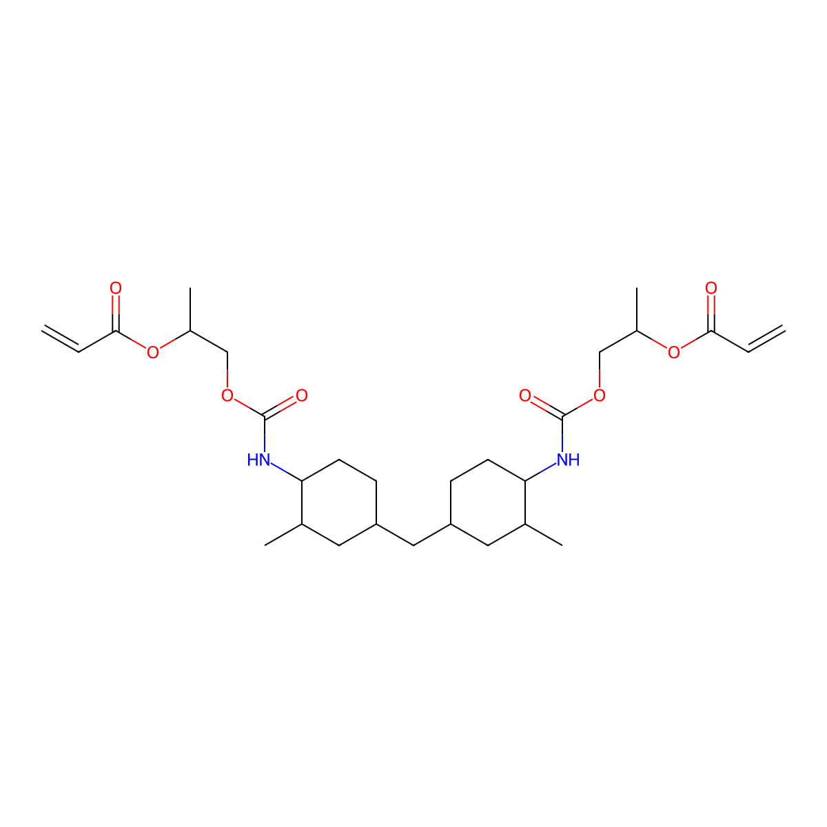 Methylenebis((2-methyl-4,1-cyclohexanediyl)iminocarbonyloxy(1-methyl-2,1-ethanediyl)) diacrylate molecular structure, CAS 56558-21-5