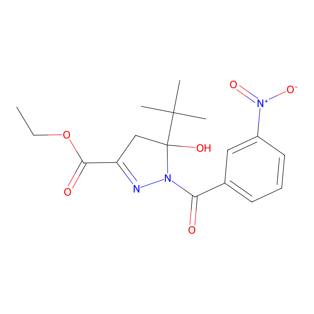 ethyl 5-tert-butyl-5-hydroxy-1-(3-nitrobenzoyl)-4,5-dihydro-1H-pyrazole-3-carboxylate molecular structure, CAS 5657-57-8